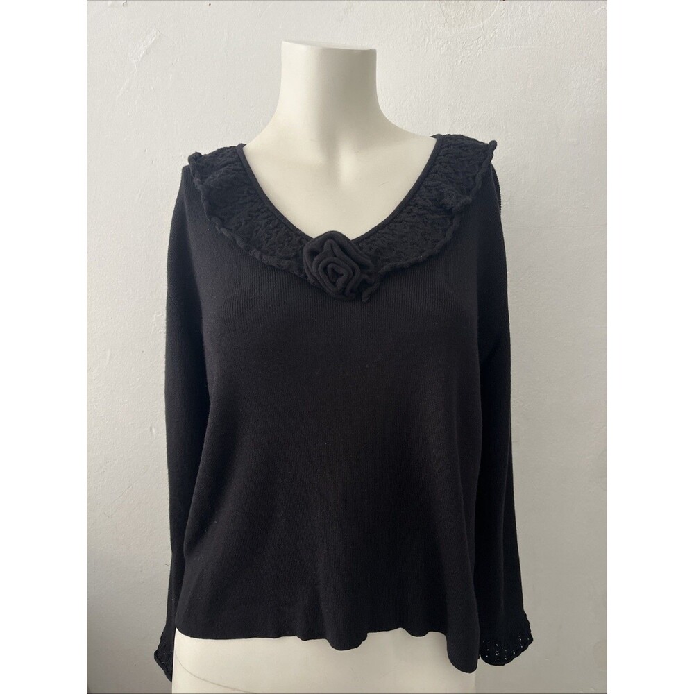 Sigrid Olsen sweater L V neck Black Whimsigoth Fairy Romantic Dark Cottagecore
